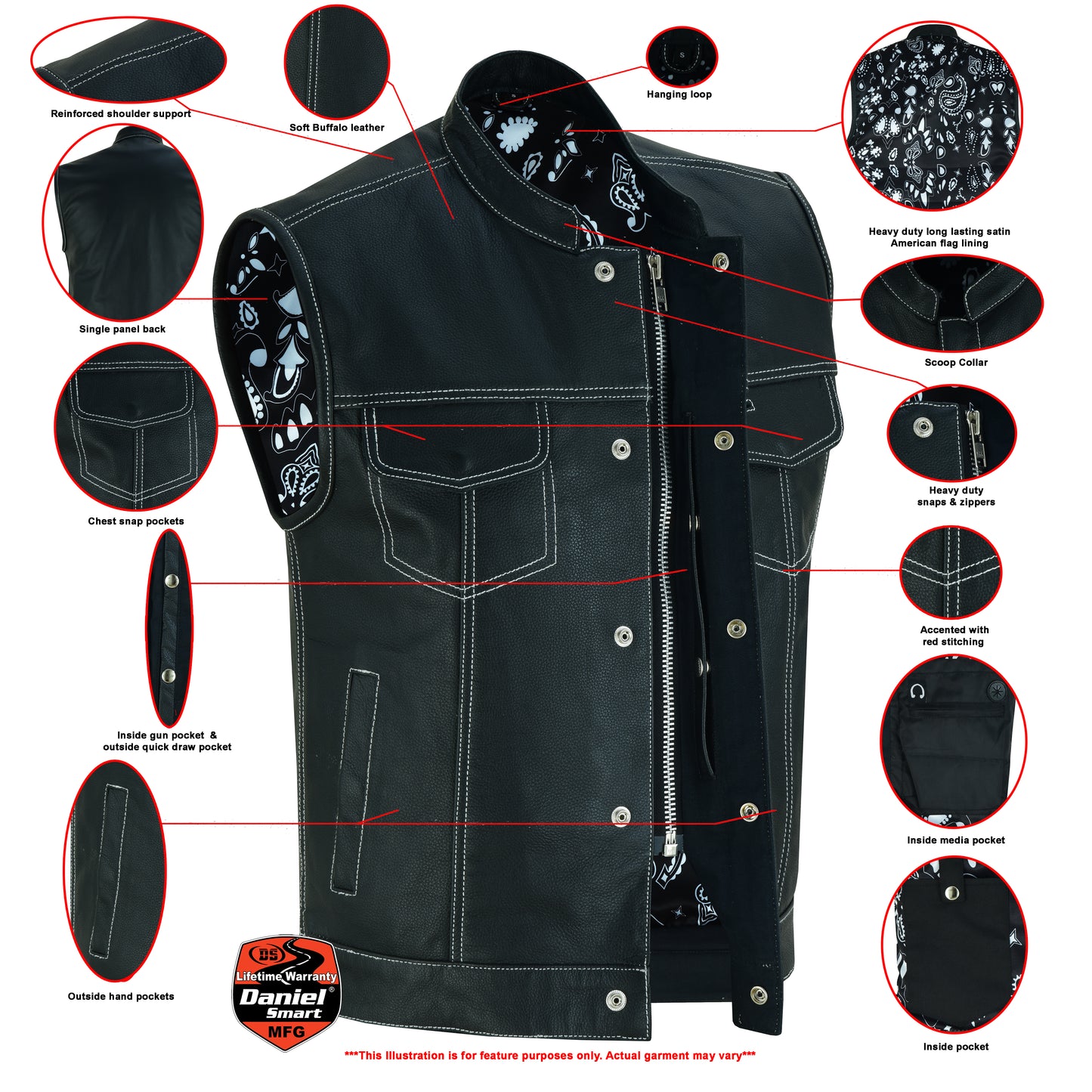 DS164 Men’s Paisley Black Leather Motorcycle Vest with White Stitching