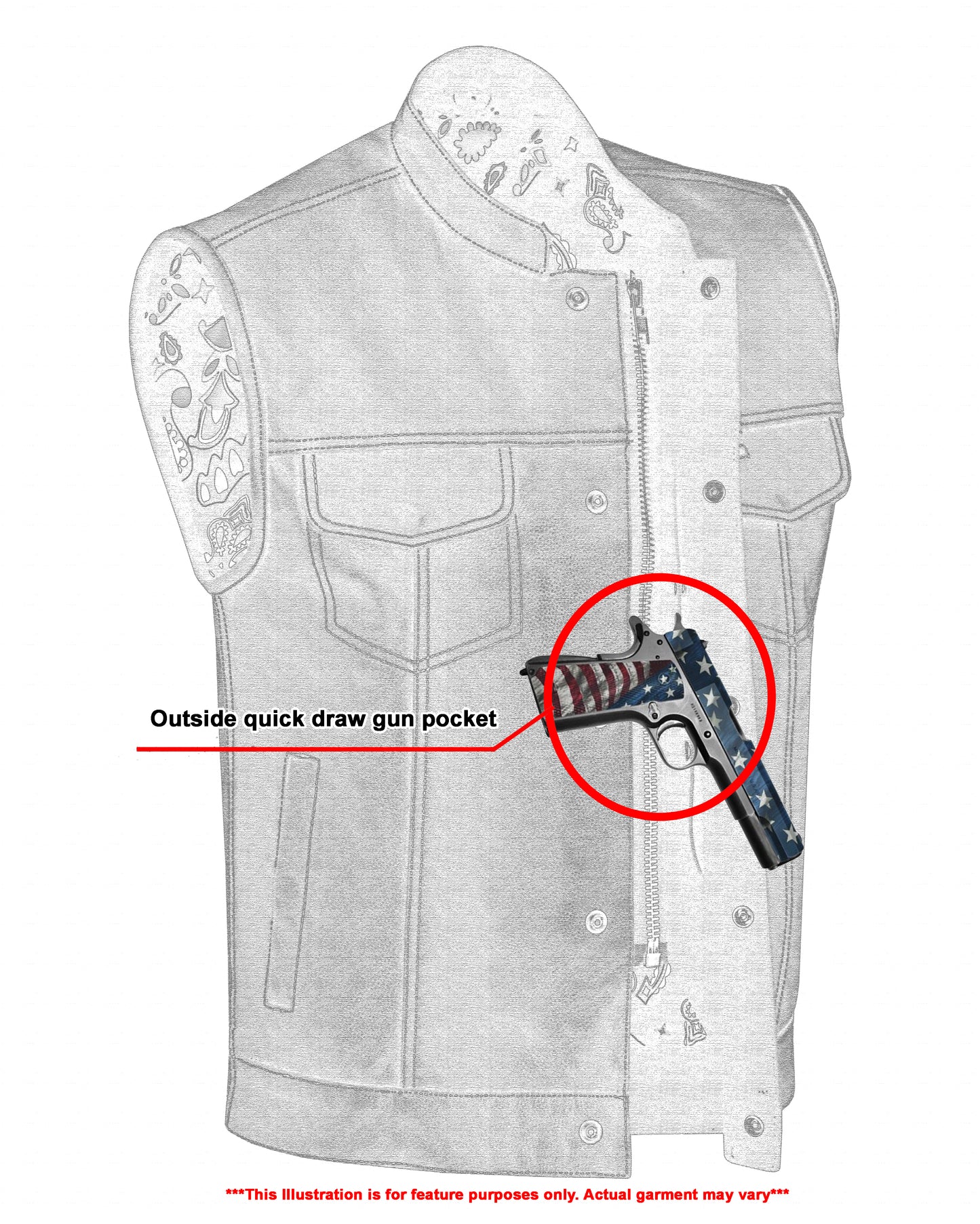 DS164 Men’s Paisley Black Leather Motorcycle Vest with White Stitching