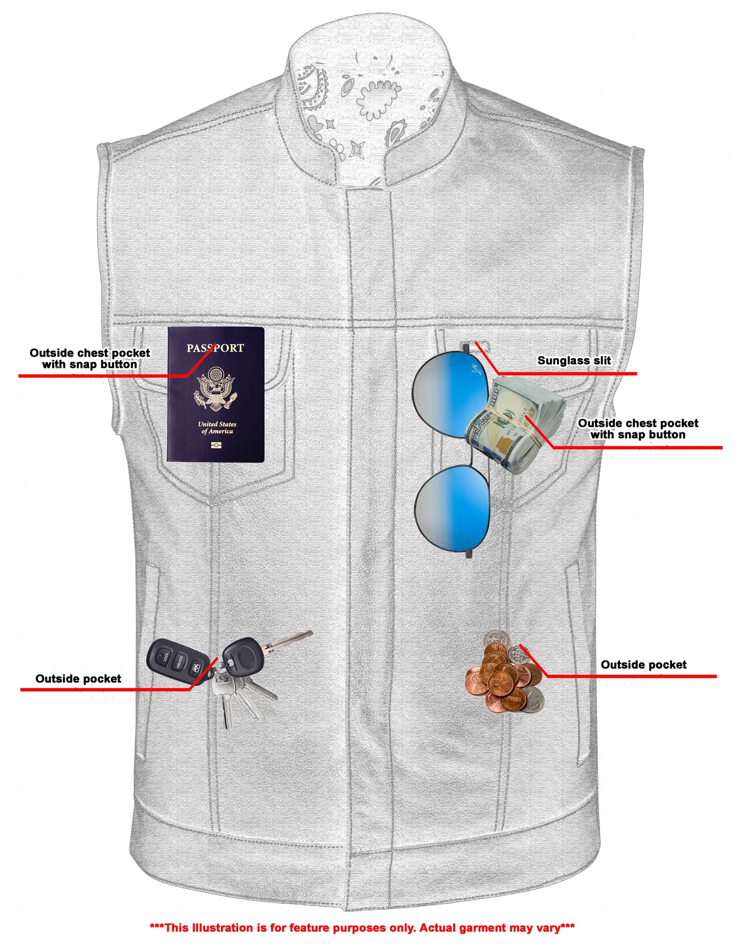DS164 Men’s Paisley Black Leather Motorcycle Vest with White Stitching