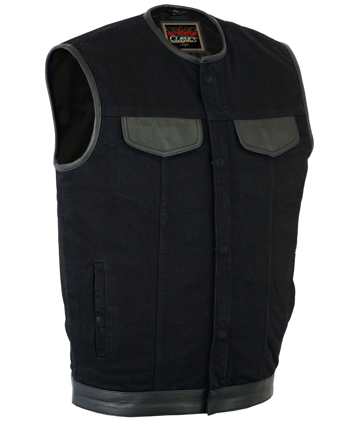 RC991 Men's Black Denim Single Panel Concealment Vest W/Leather Trim- w/o C