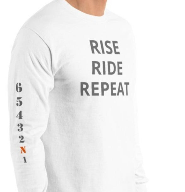 Long Sleeve RISE RIDE REPEAT - Gray Letters Gears on Sleeve