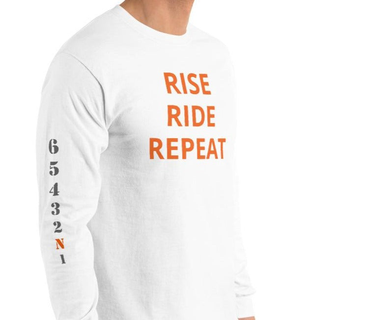 LONG SLEEVE RISE RIDE REPEAT - ORANGE LETTERS GEARS ON SLEEVE