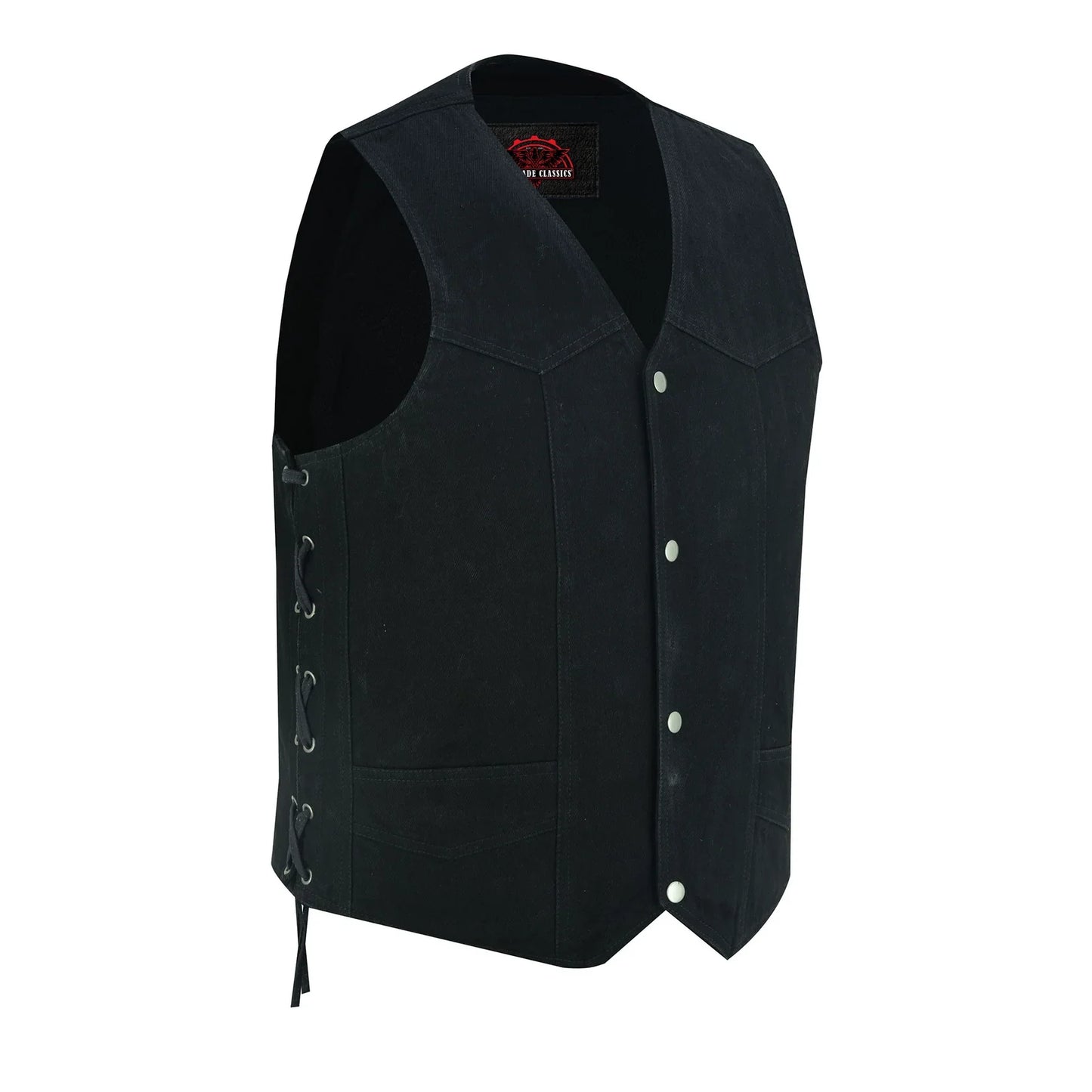Men's Traditional Denim Motorcycle Vest with Side Laces – Smart Access Pockets