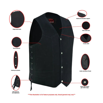 Men's Traditional Denim Motorcycle Vest with Side Laces – Smart Access Pockets
