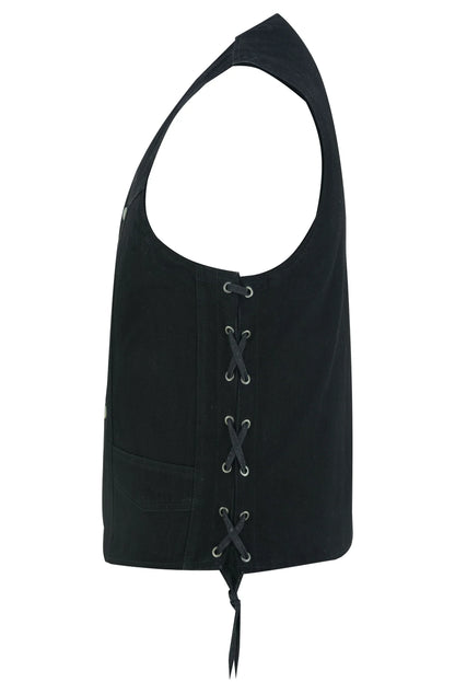 Men's Traditional Denim Motorcycle Vest with Side Laces – Smart Access Pockets