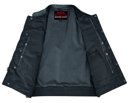 Concealed Snap Closure, Textile Material, Scoop Collar & Hidden