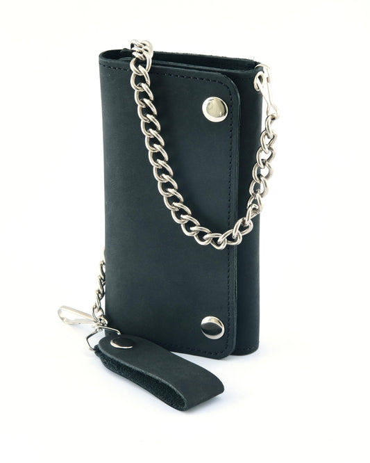 BWC238 Matte Black Biker Leather Wallet with Chain
