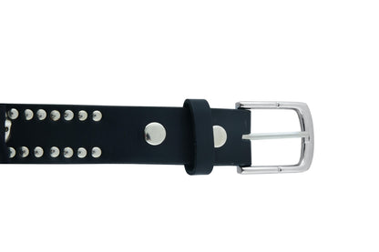 Black Leather Belt with Silver Studs and Skulls