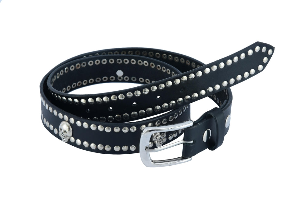 Black Leather Belt with Silver Studs and Skulls
