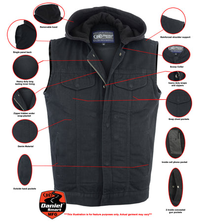 Men's Black Denim Single Back Panel Concealment Vest w/Rem