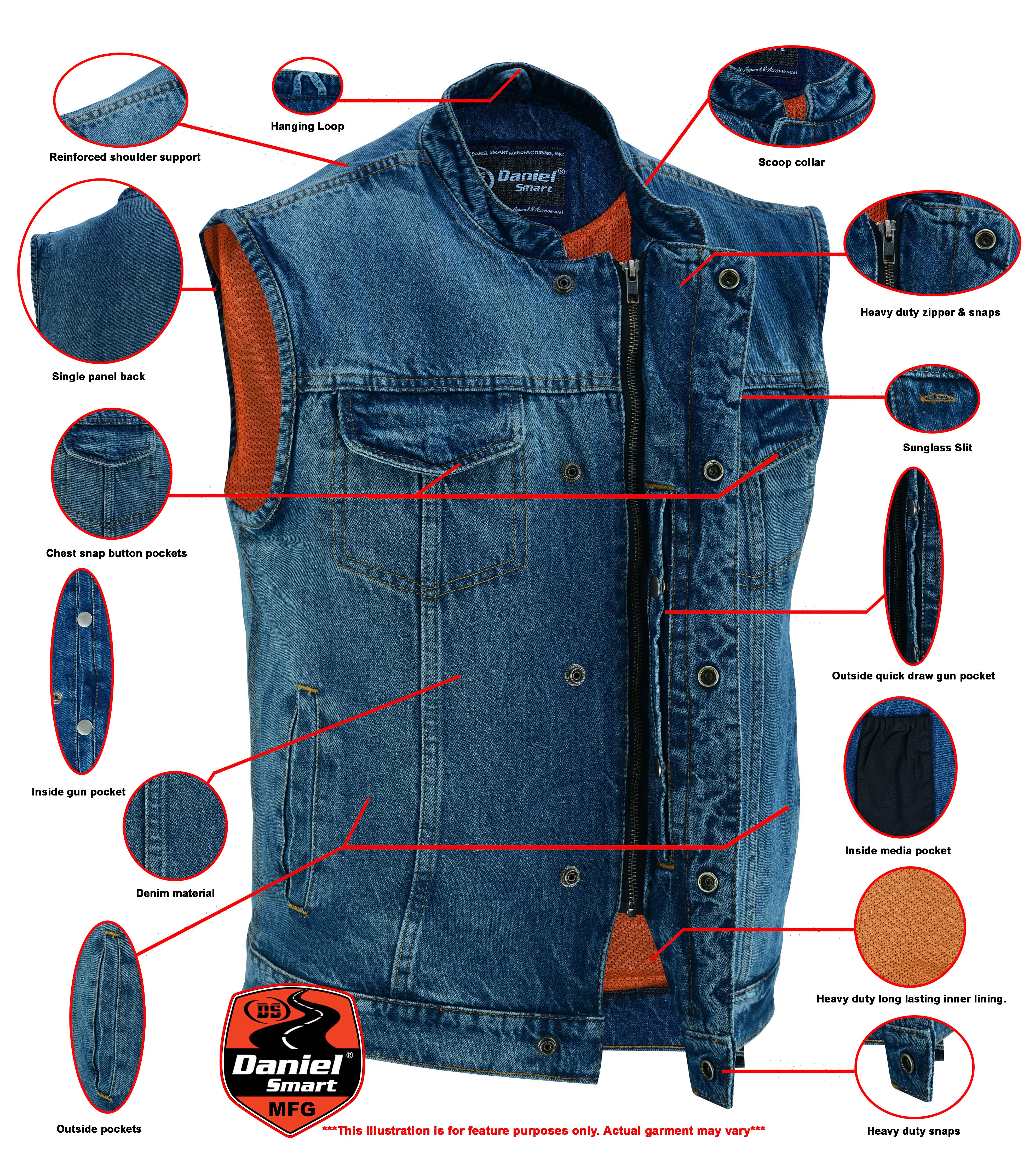 Denim motorcycle vest store with gun pocket