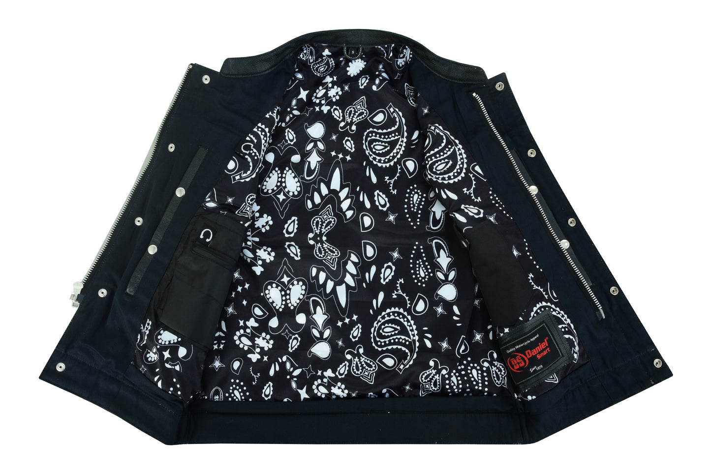 DS164 Men’s Paisley Black Leather Motorcycle Vest with White Stitching