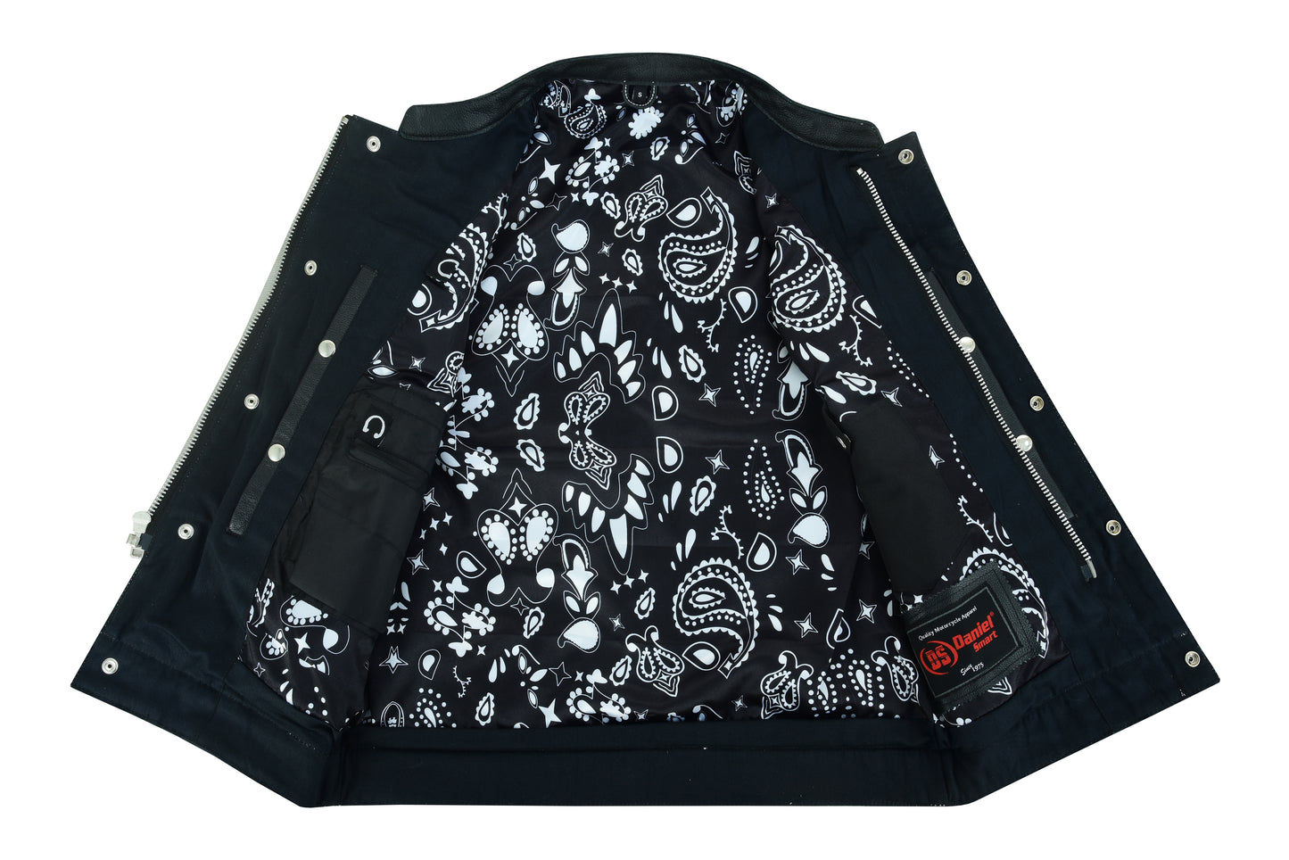 Men’s Paisley Black Leather Motorcycle Vest with White Stitching