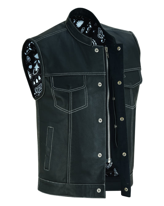 Men’s Paisley Black Leather Motorcycle Vest with White Stitching