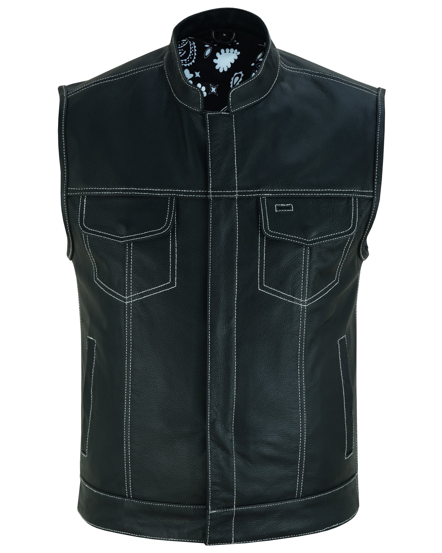 Men’s Paisley Black Leather Motorcycle Vest with White Stitching