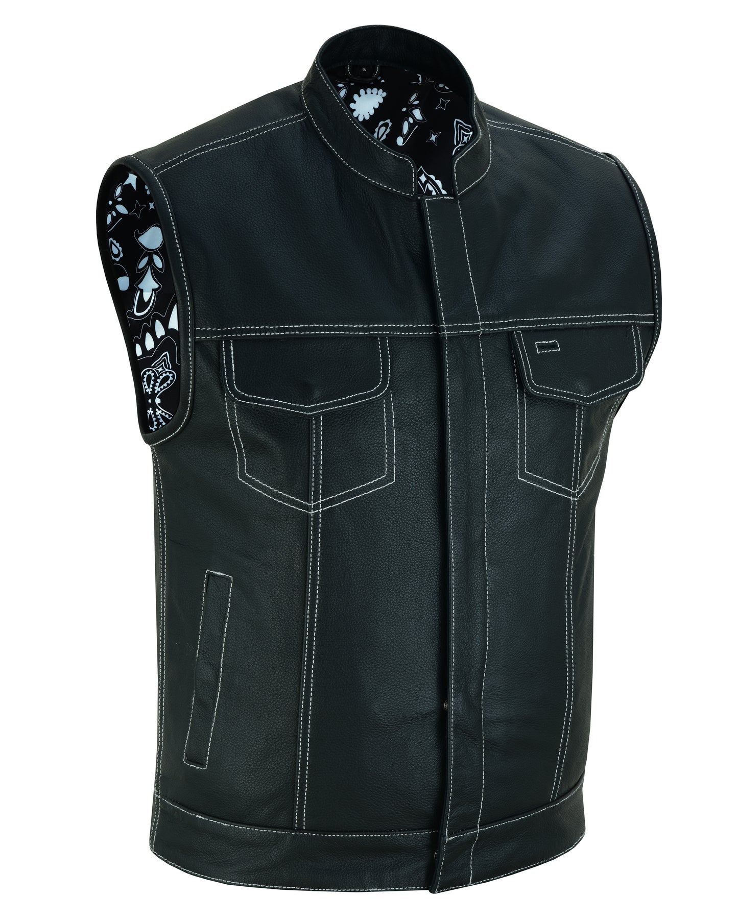 Men’s Paisley Black Leather Motorcycle Vest with White Stitching