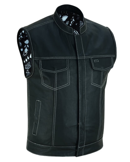 DS164 Men’s Paisley Black Leather Motorcycle Vest with White Stitching