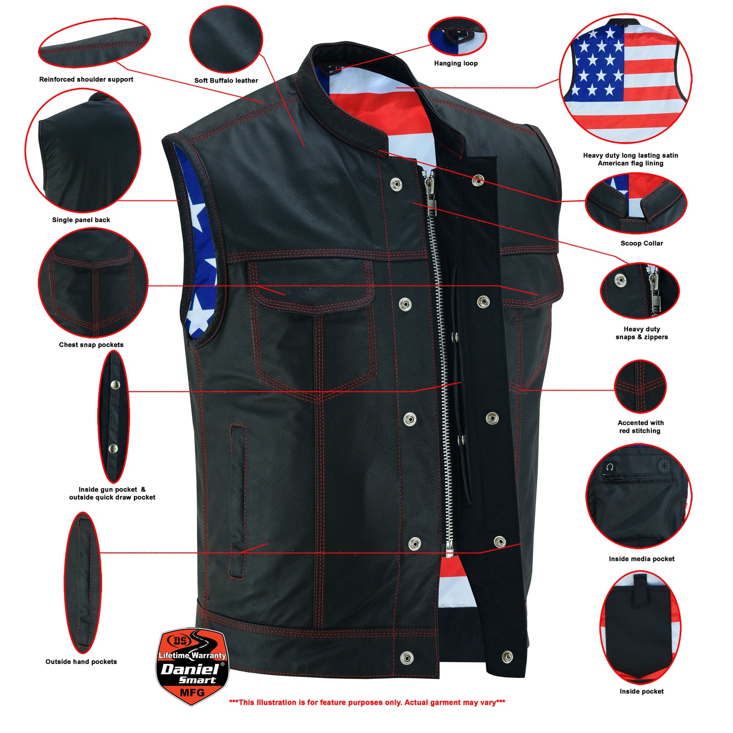 Men’s Leather Vest With Red Stitching And USA Inside Flag Lining With Scoop Collar