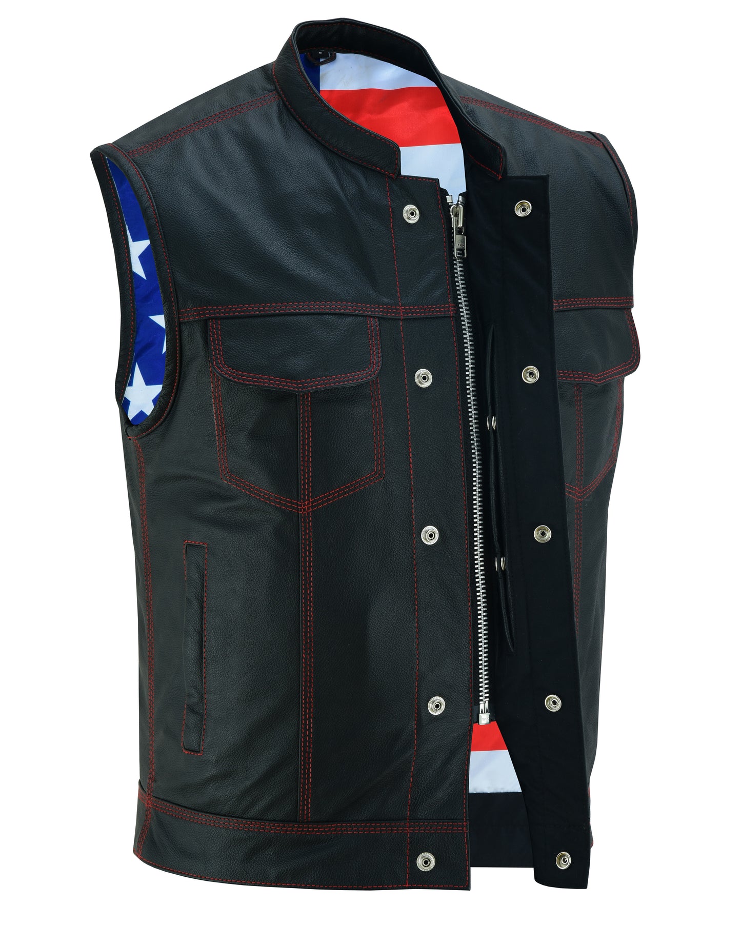 Men’s Leather Vest With Red Stitching And USA Inside Flag Lining With Scoop Collar