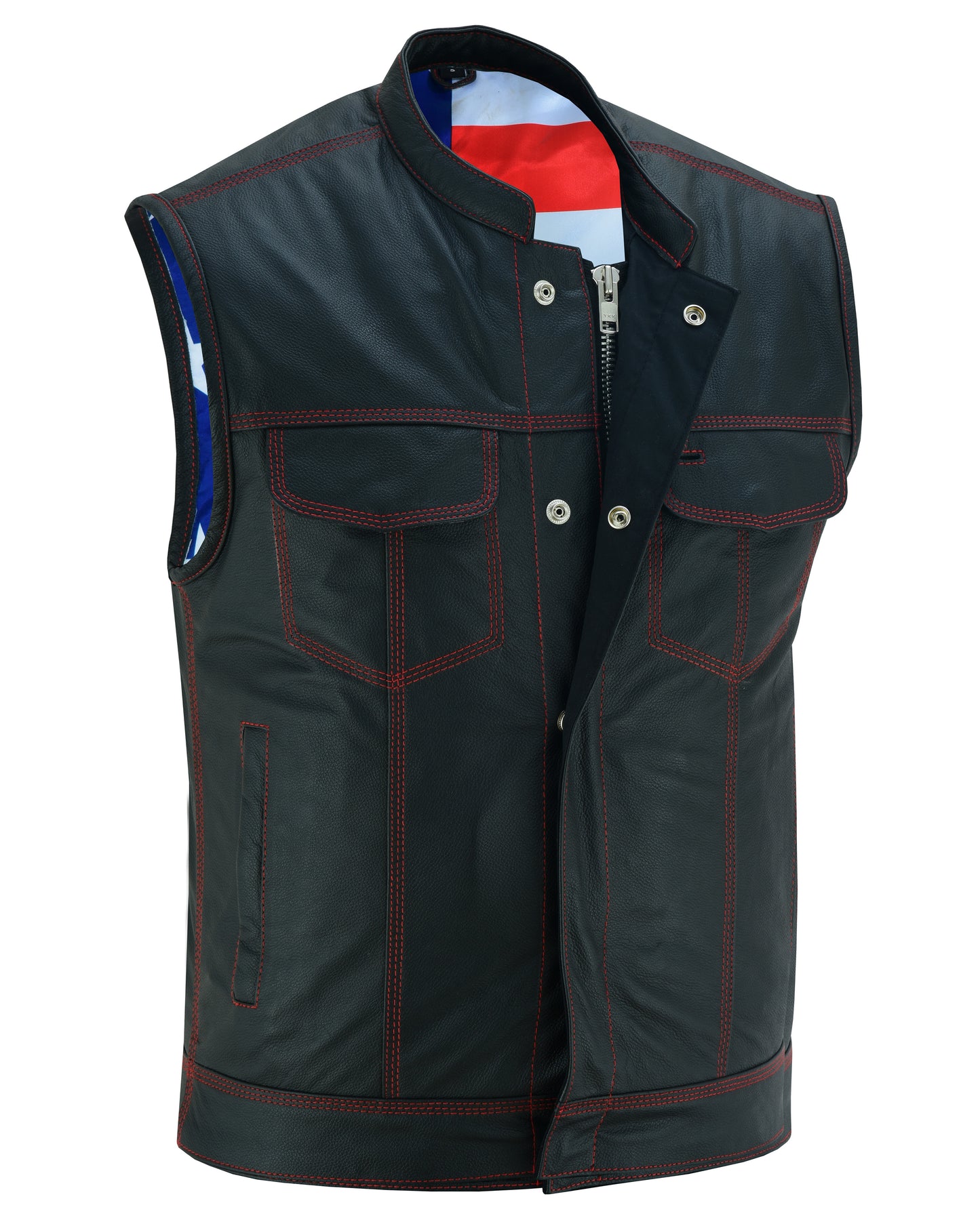 Men’s Leather Vest With Red Stitching And USA Inside Flag Lining With Scoop Collar