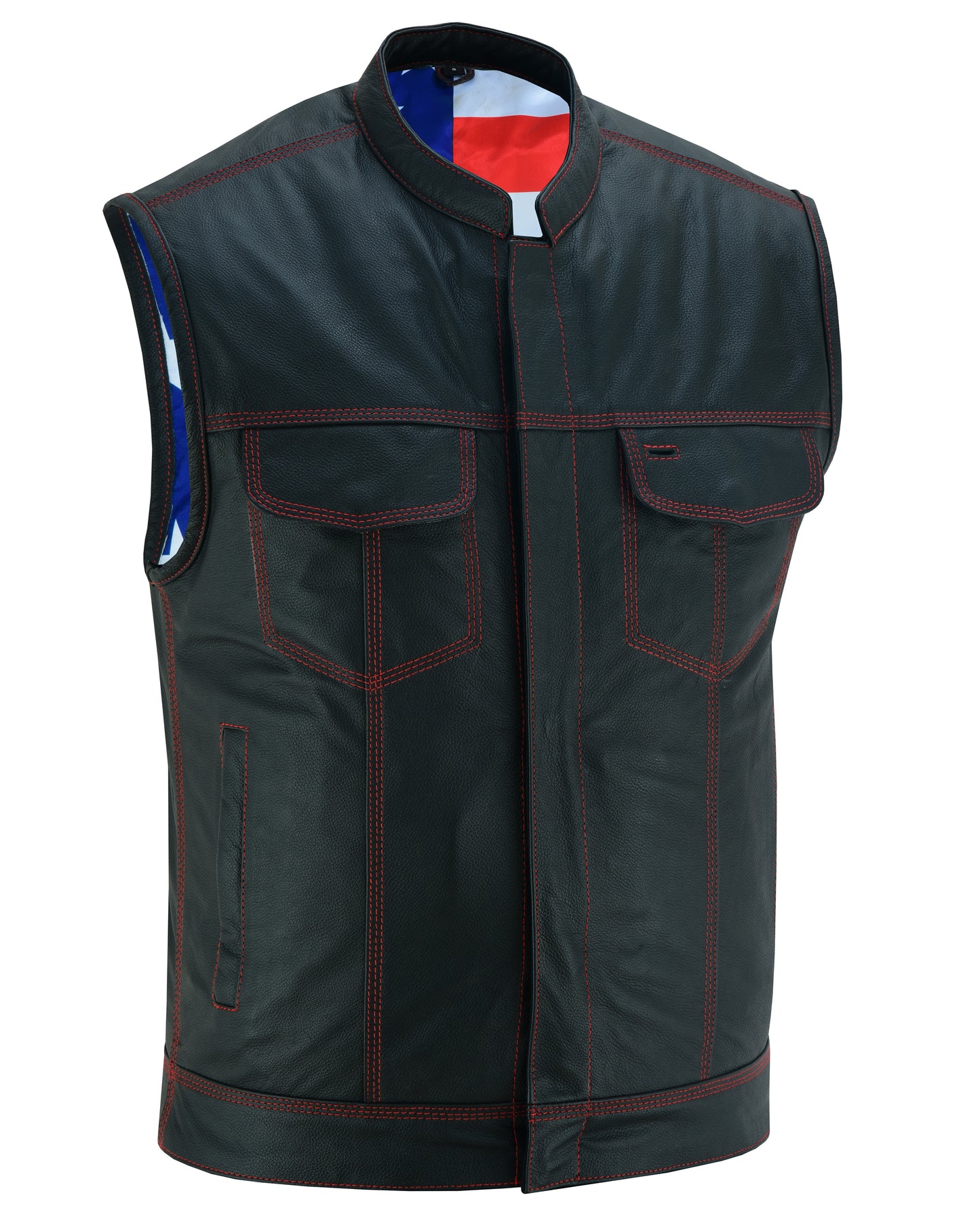 Men’s Leather Vest With Red Stitching And USA Inside Flag Lining With Scoop Collar