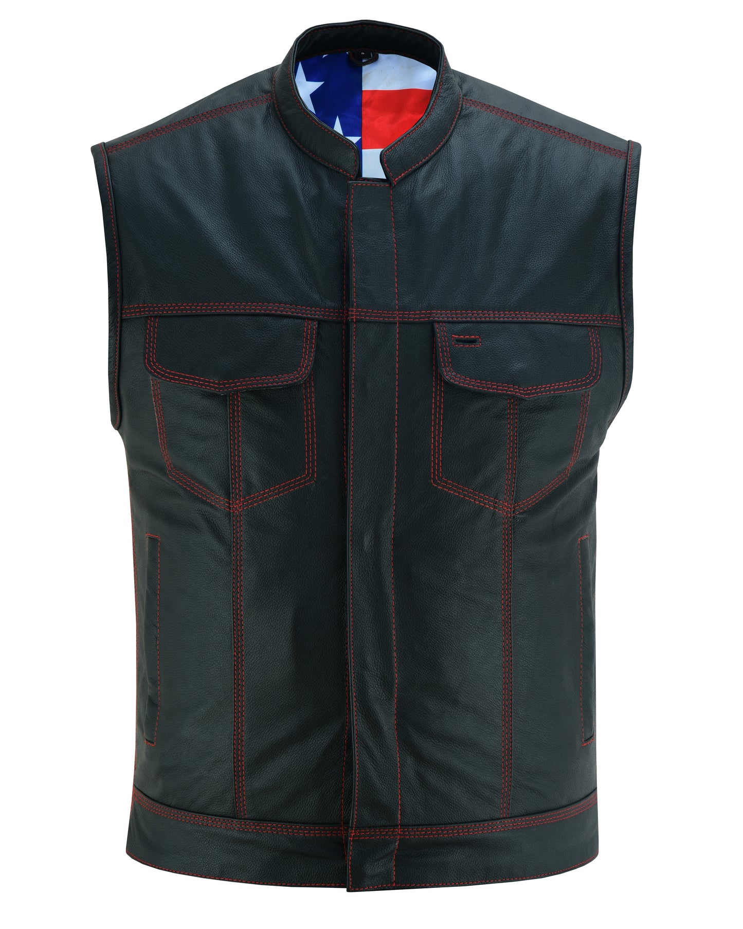 Men’s Leather Vest With Red Stitching And USA Inside Flag Lining With Scoop Collar