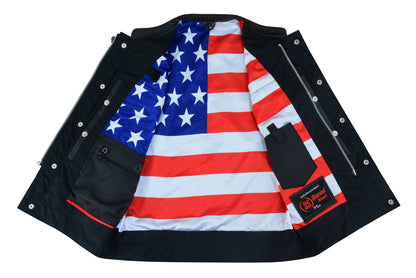 Men’s Leather Vest With Red Stitching And USA Inside Flag Lining With Scoop Collar