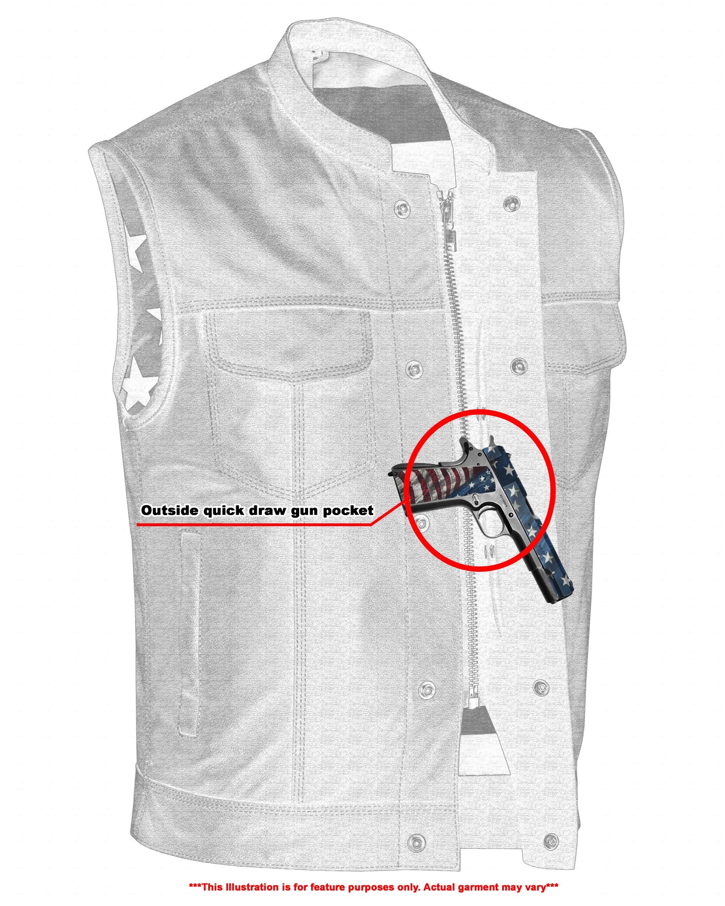 Men’s Leather Vest With Red Stitching And USA Inside Flag Lining With Scoop Collar