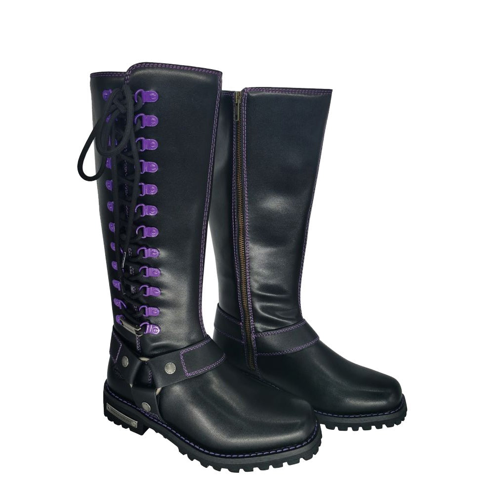 Milwaukee Riders® Women Biker Long Boots with Purple Laces