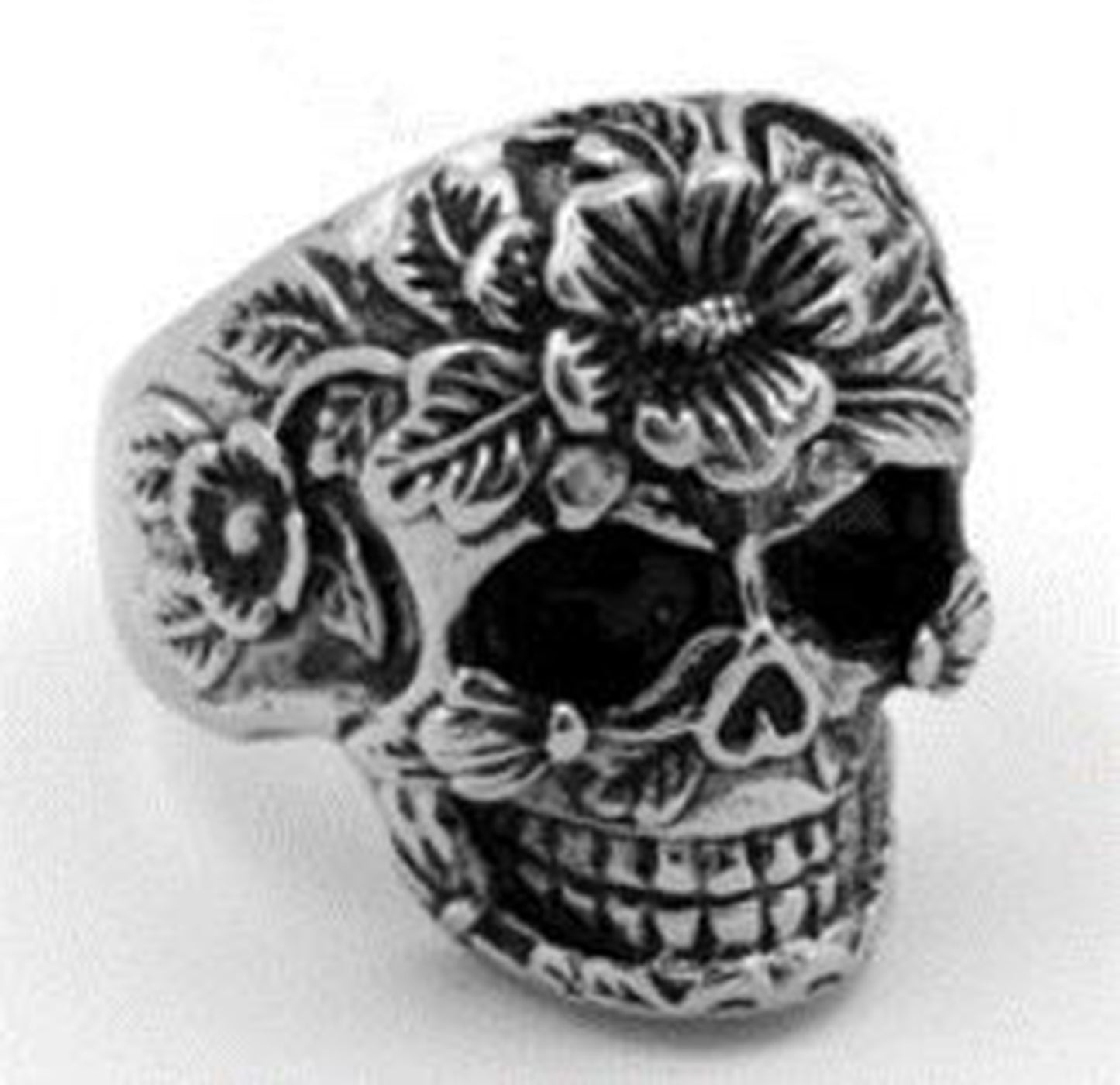 R111 Stainless Steel Flower Face Skull Biker Ring