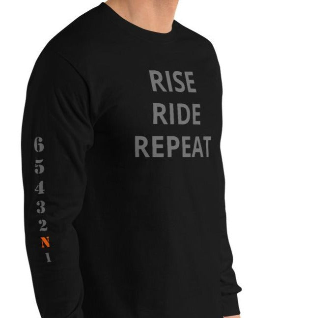Long Sleeve RISE RIDE REPEAT - Gray Letters Gears on Sleeve
