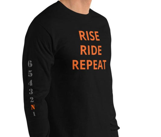 Long Sleeve Rise Ride Repeat - Orange Letters Gears on Sleeve