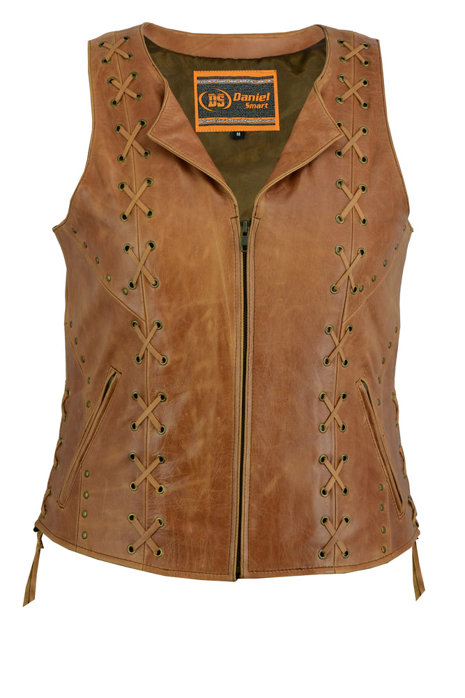 Women's Brown Zippered Vest with Lacing Details