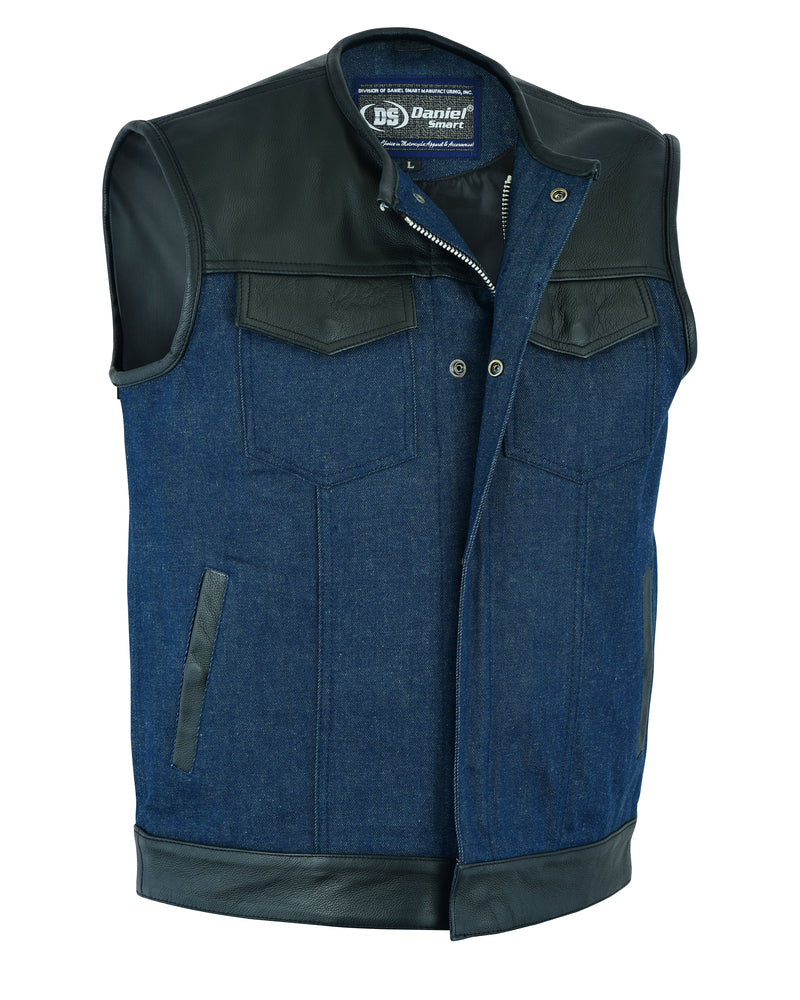 Men's Leather/Denim Combo Vest (Black/Broken Blue)