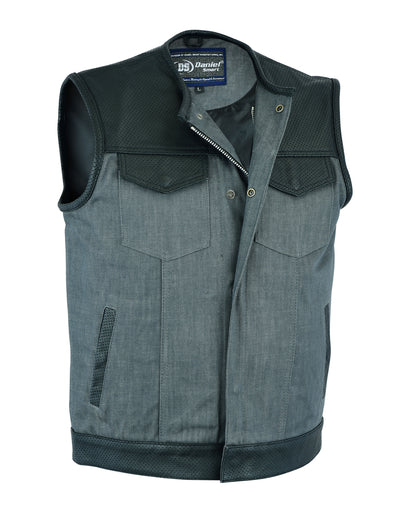Men's Perforated Leather/Denim Combo Vest (Black/ Ash Gray)