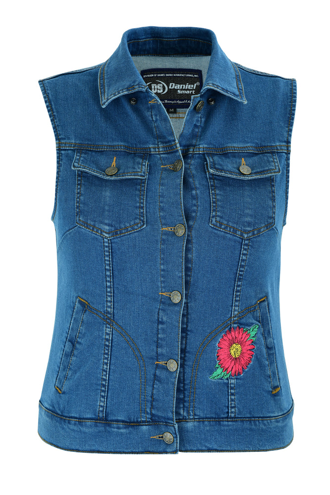 Women's Blue Denim Snap Front Vest with Red Daisy