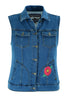 DM944 Women's Blue Denim Snap Front Vest with Red Daisy
