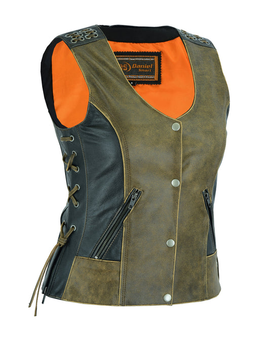 Women's Vest with Grommet and Lacing Accents - Two Tone