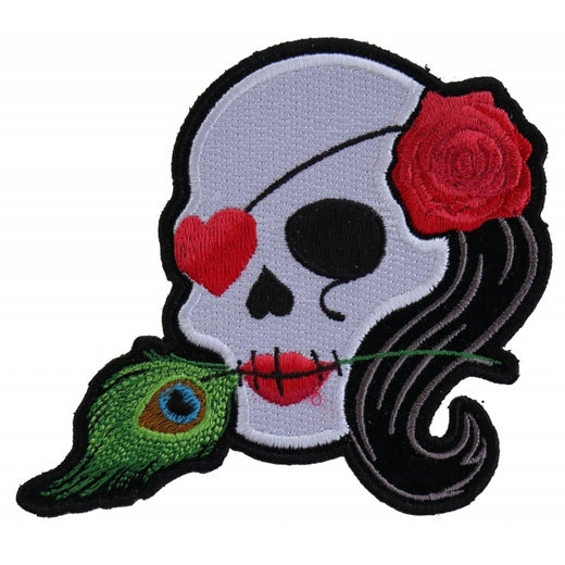 P5145 Lady Sugar Skull With Pink Rose and Feather Small Patch
