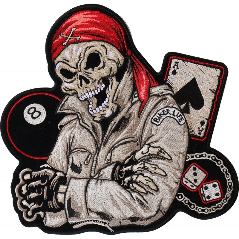 PL4247 Red Bandana Skull 8 Ball Ace of Spades Embroidered Iron on Bik