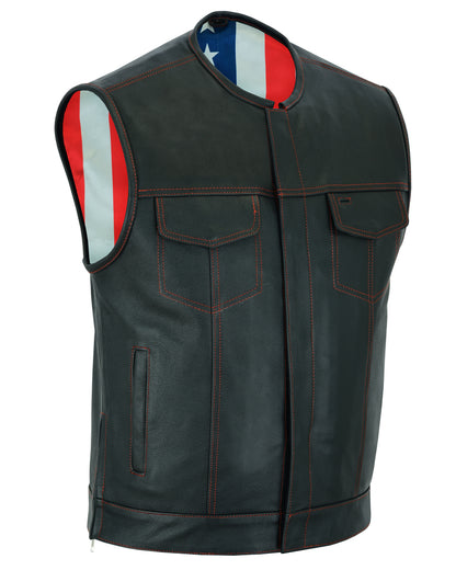 Men's Leather Vest with Red Stitching and USA Inside Flag Linin