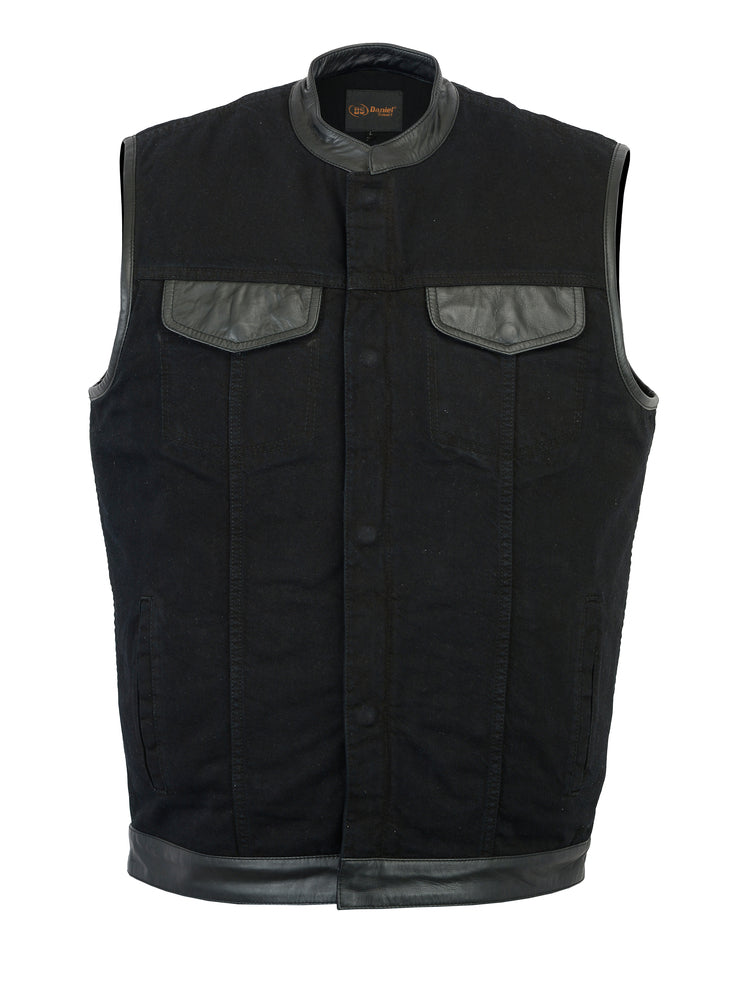 Men's Black Denim Single Panel Concealment Vest W/ Leather Trim