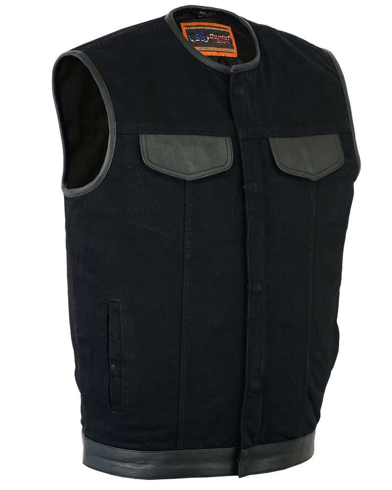 Men's Black Denim Single Panel Concealment Vest W/Leather Trim-