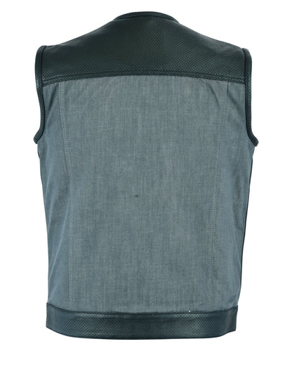 Men's Perforated Leather/Denim Combo Vest (Black/ Ash Gray)
