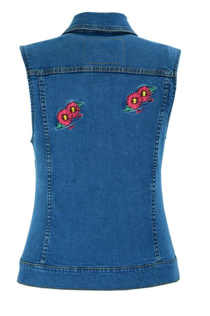 Women's Blue Denim Snap Front Vest with Red Daisy