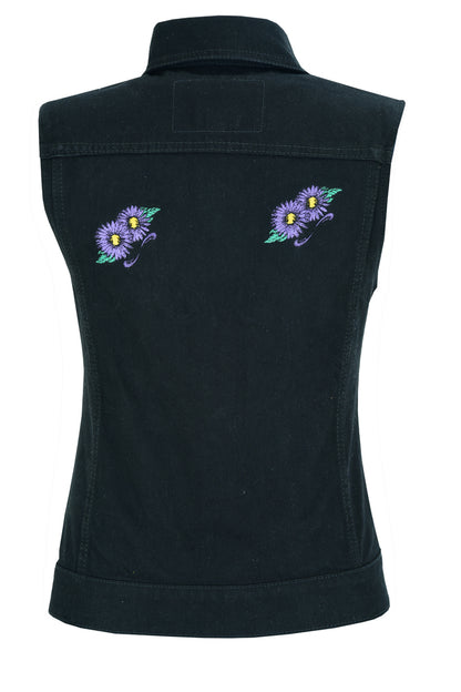 Women's Black Denim Snap Front Vest with Purple Daisy