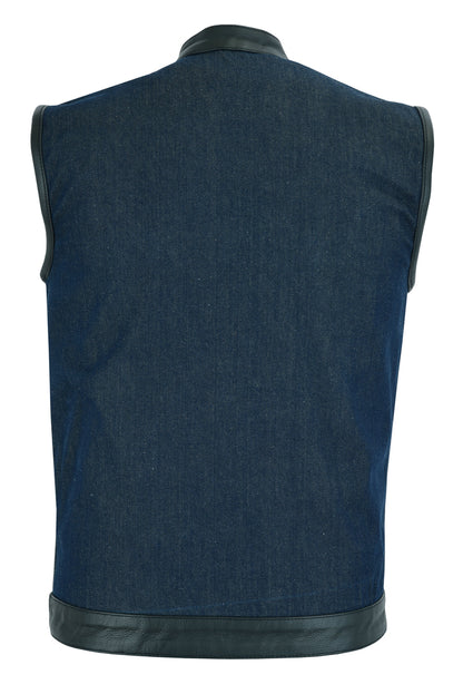 Men's Broken Blue RoughRub-Off Raw Finish Denim Vest W/Leather