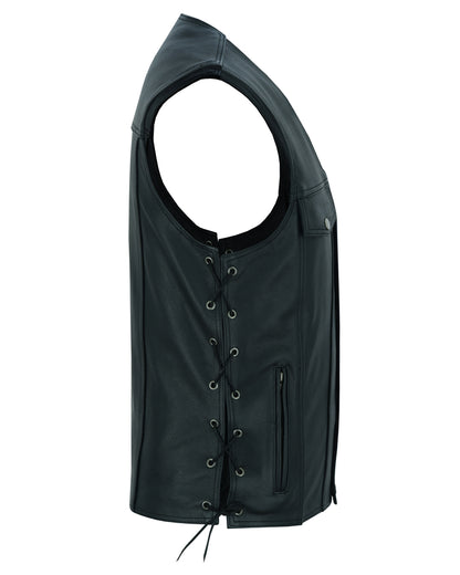 Men's Black Leather Vest with Side Laces and Gun Pockets