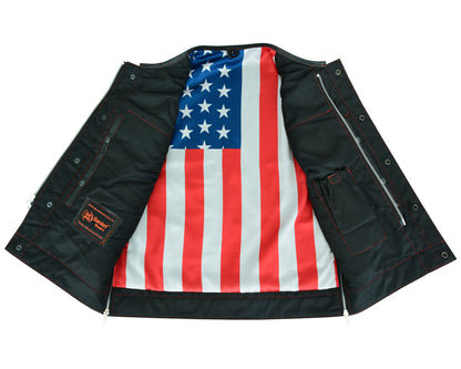Men's Leather Vest with Red Stitching and USA Inside Flag Linin